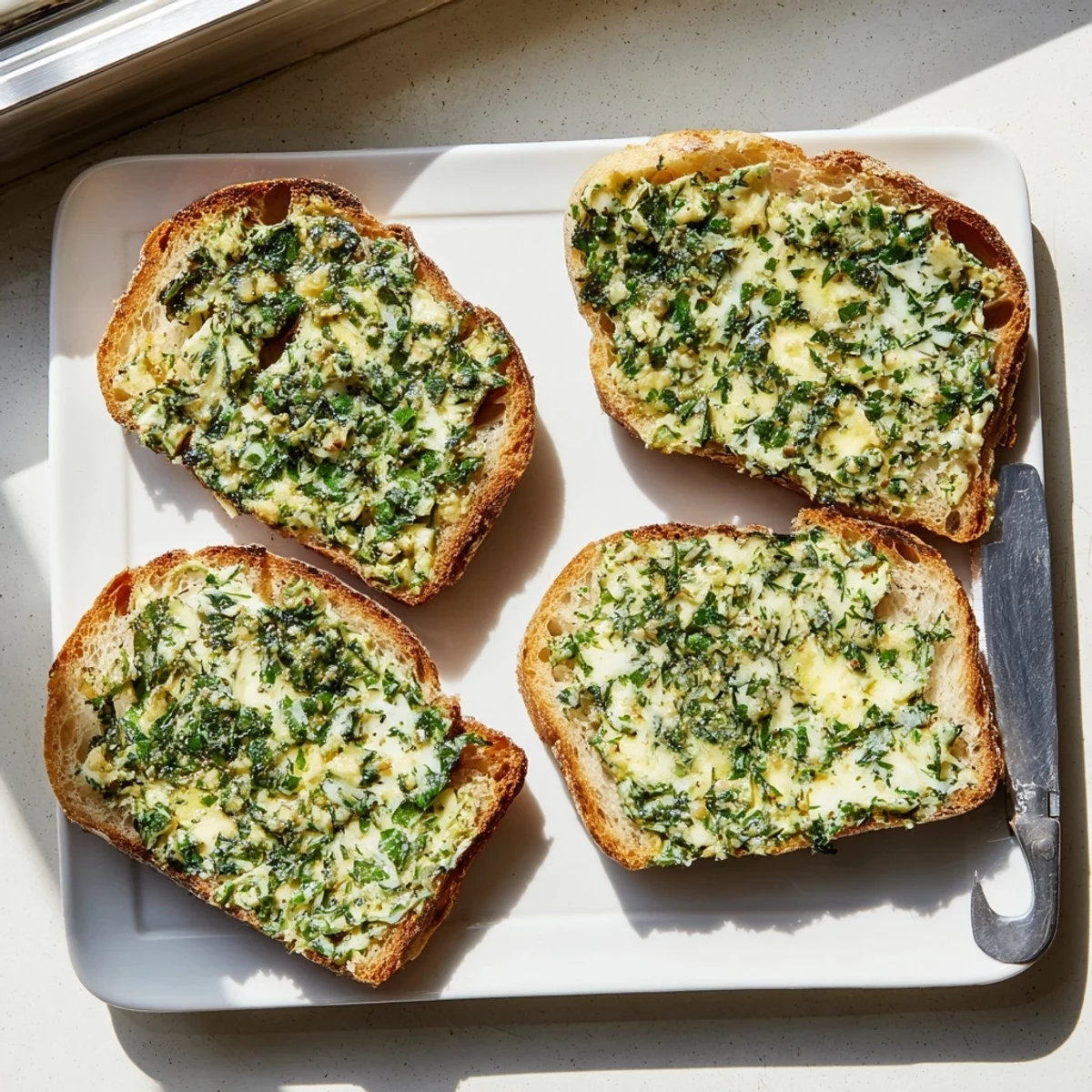 Golden-brown Herb Butter Toast slices glisten with melted compound butter, finished with flaky salt for a savory appetizer or snack.