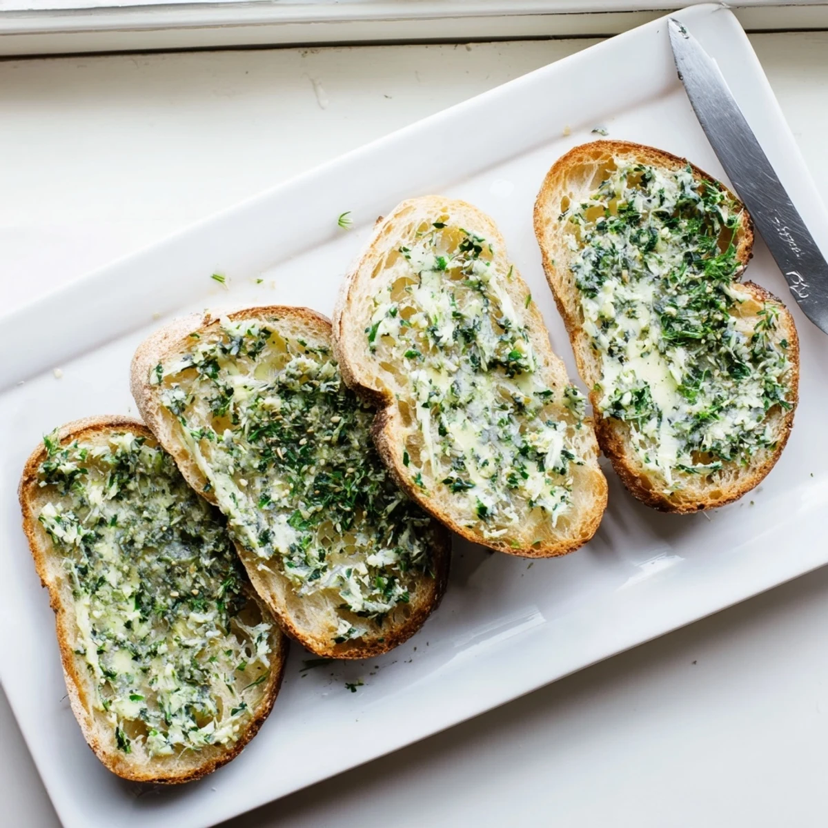 Crisp artisan Herb Butter Toast is garnished with fresh parsley and flaky salt, served as an easy vegetarian snack or appetizer.