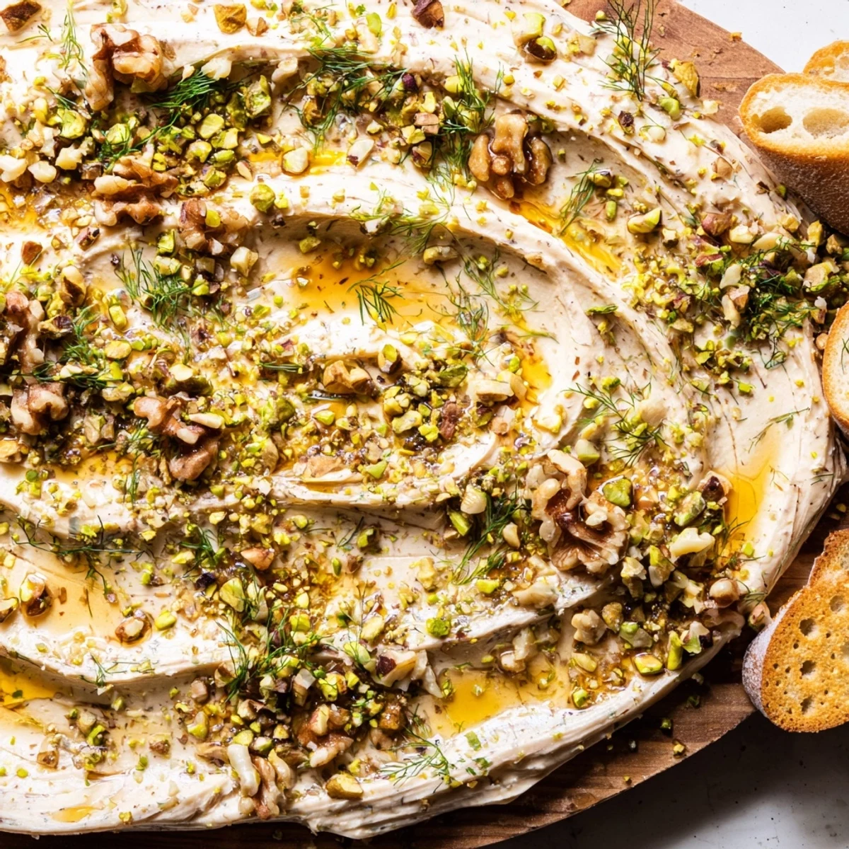 Softened butter spread on a wooden board, topped with chopped nuts, fresh herbs, and a honey drizzle for a vibrant charcuterie appetizer.
