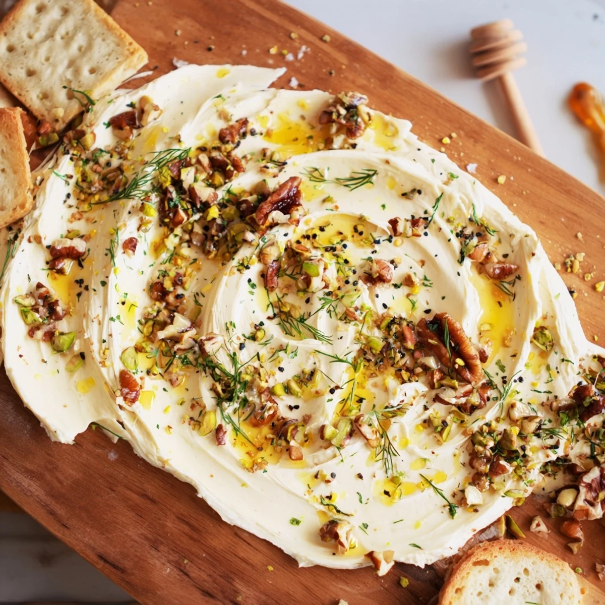 Golden honey glazes the Flavored Butter Board Charcuterie, garnished with herbs and nuts, ready to serve with rustic bread and crackers.