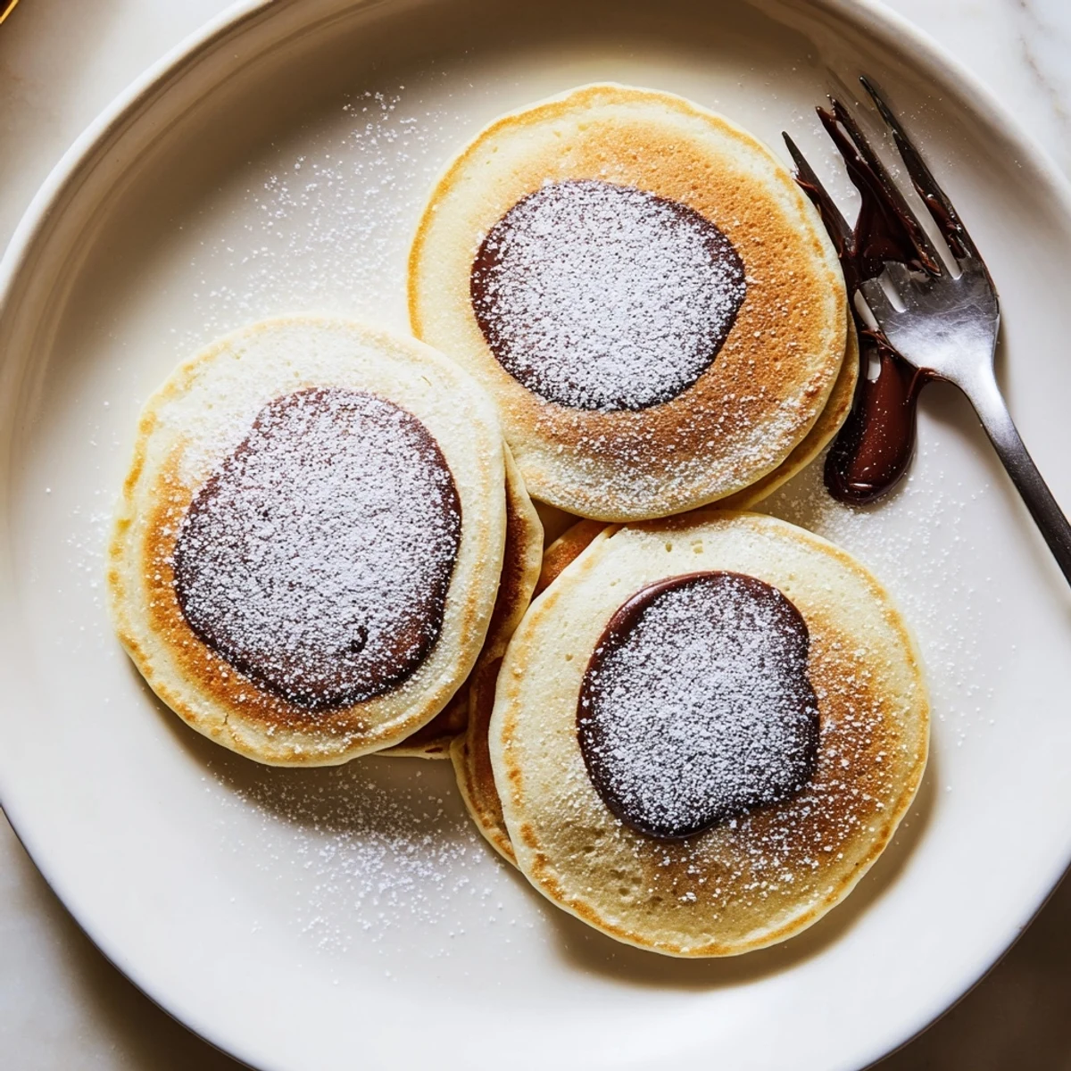 Warm Nutella Stuffed Pancakes bubbling on a griddle, with fresh banana slices and syrup ready to serve.