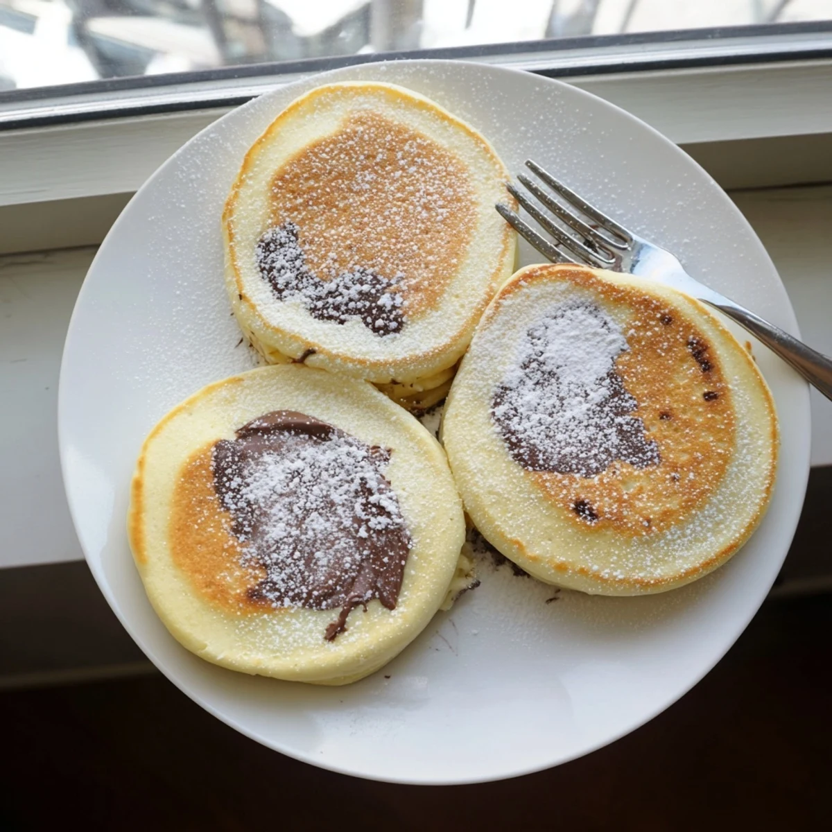 Stack of Nutella Stuffed Pancakes on a white plate, gooey chocolate-hazelnut center oozing out under a golden crust.