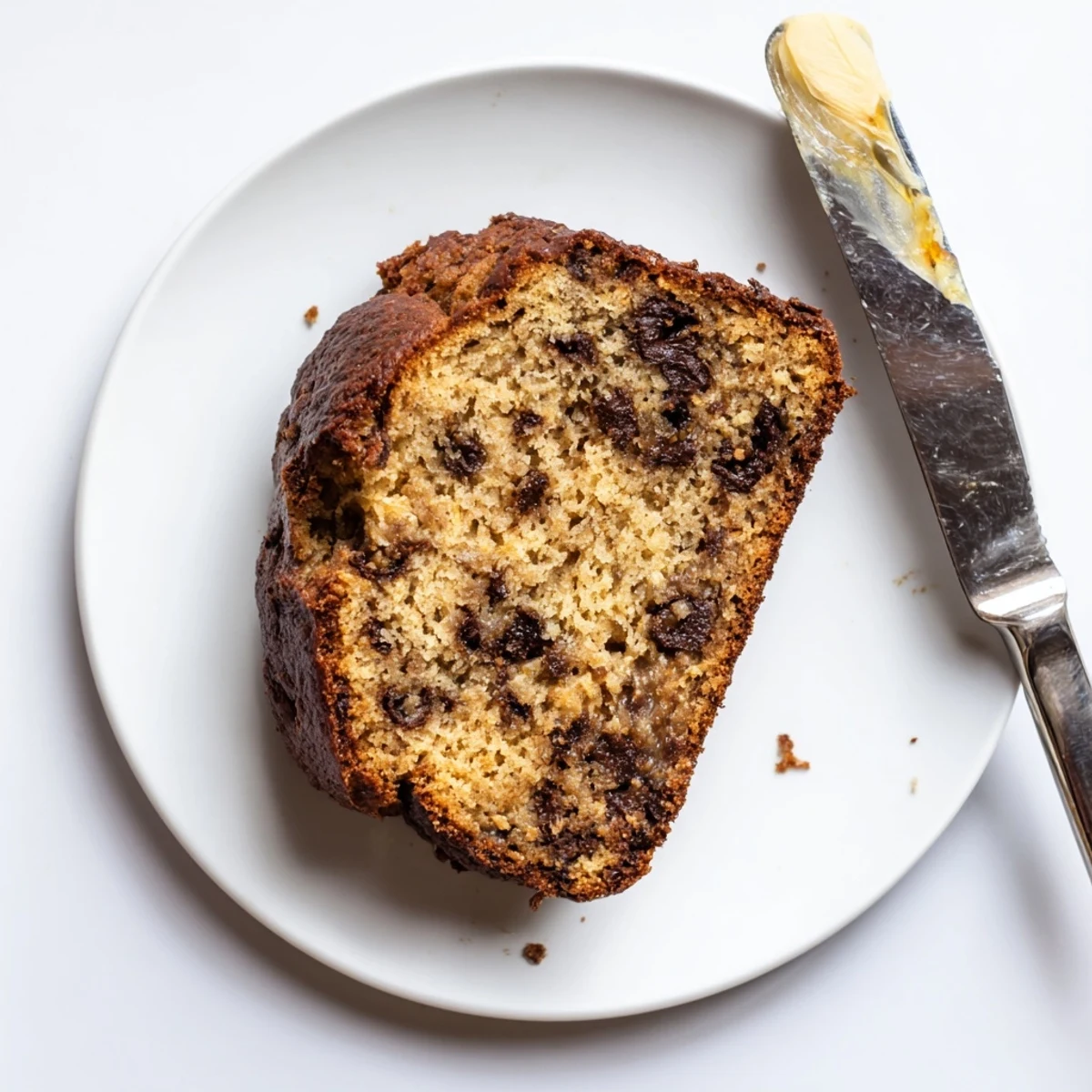 Perfectly sliced moist banana bread with chocolate chips drizzled with honey, ideal for an easy breakfast treat.