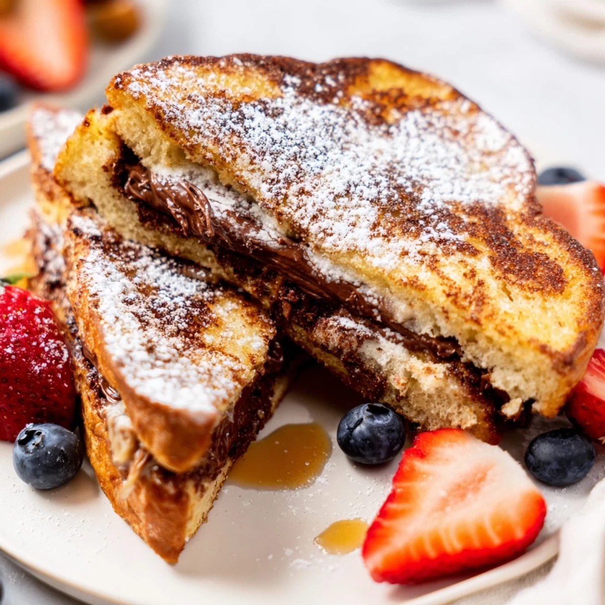Warm golden slices of Nutella Brioche French toast dusted with powdered sugar and fresh berries on a rustic plate.  