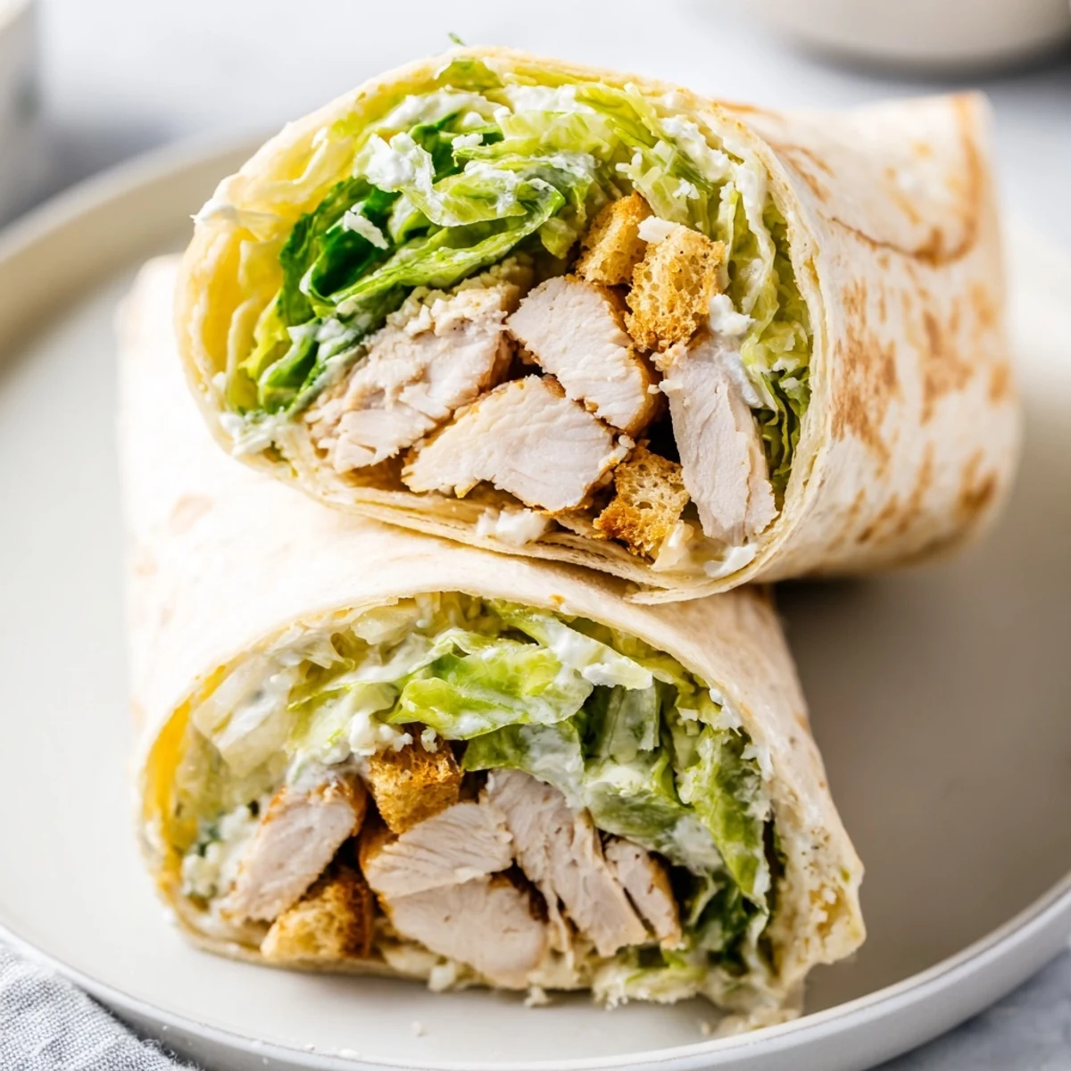 Caesar Chicken Salad Wrap filled with grilled chicken, crisp romaine, parmesan, and creamy dressing, wrapped in a soft flour tortilla for a satisfying handheld meal.  