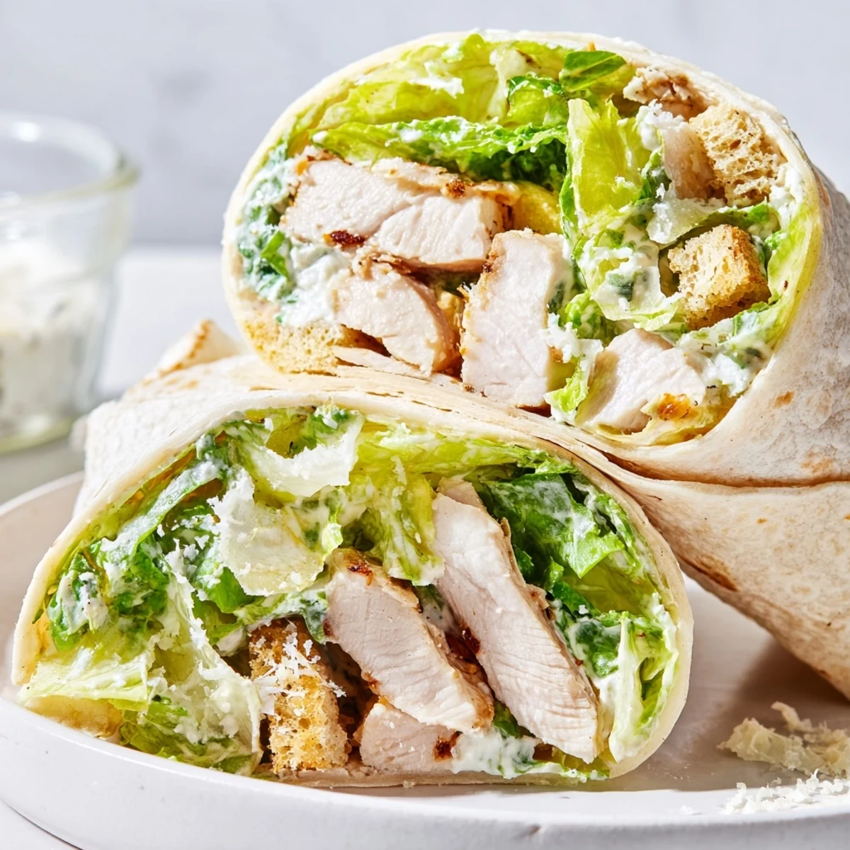 Juicy grilled chicken slices and crunchy romaine leaves bundled in a warm tortilla, showcasing a Caesar Chicken Salad Wrap with parmesan shavings and croutons.  