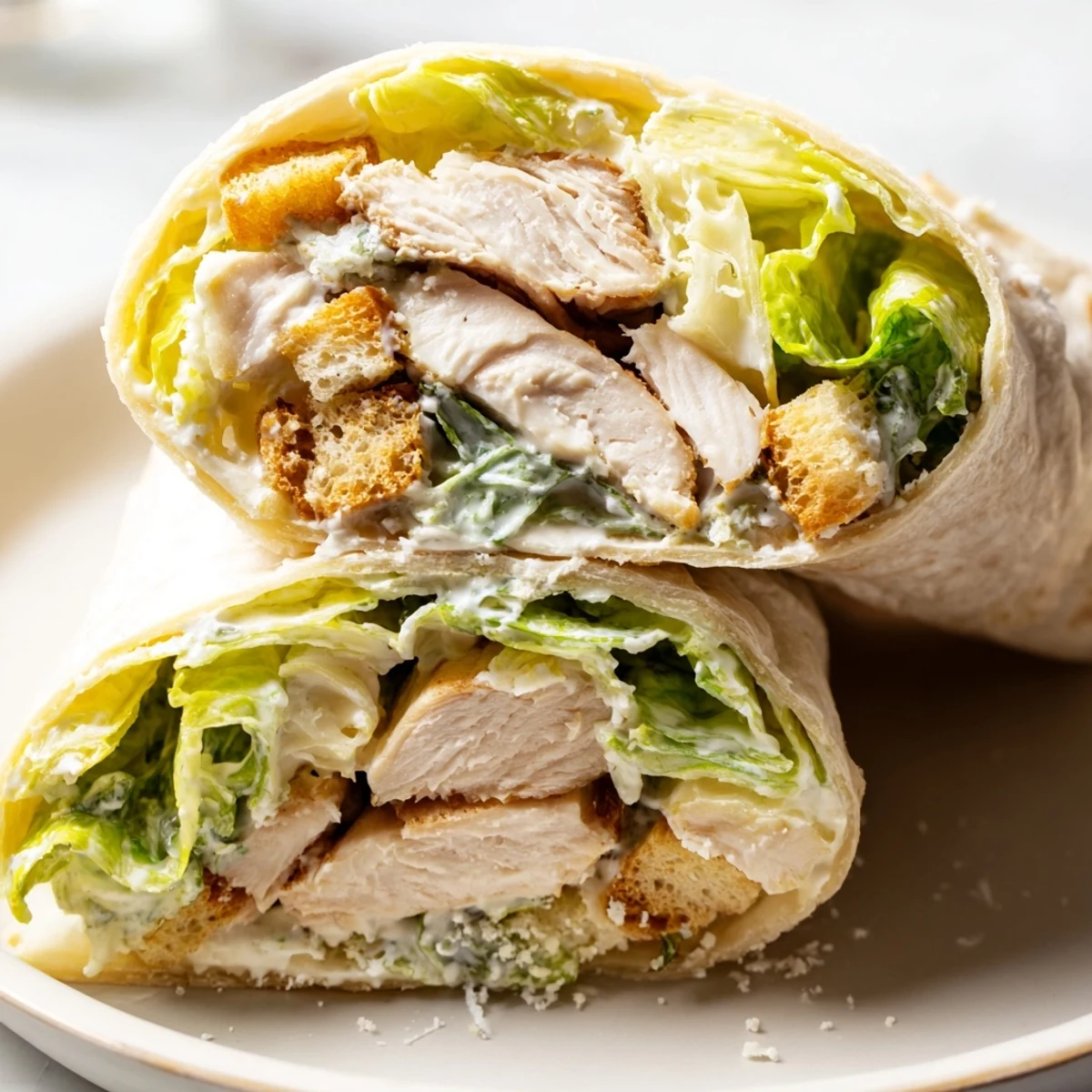 Easy Caesar Chicken Salad Wrap featuring tender grilled chicken, fresh romaine, and Caesar dressing, perfectly rolled and sliced for a quick and delicious lunch.