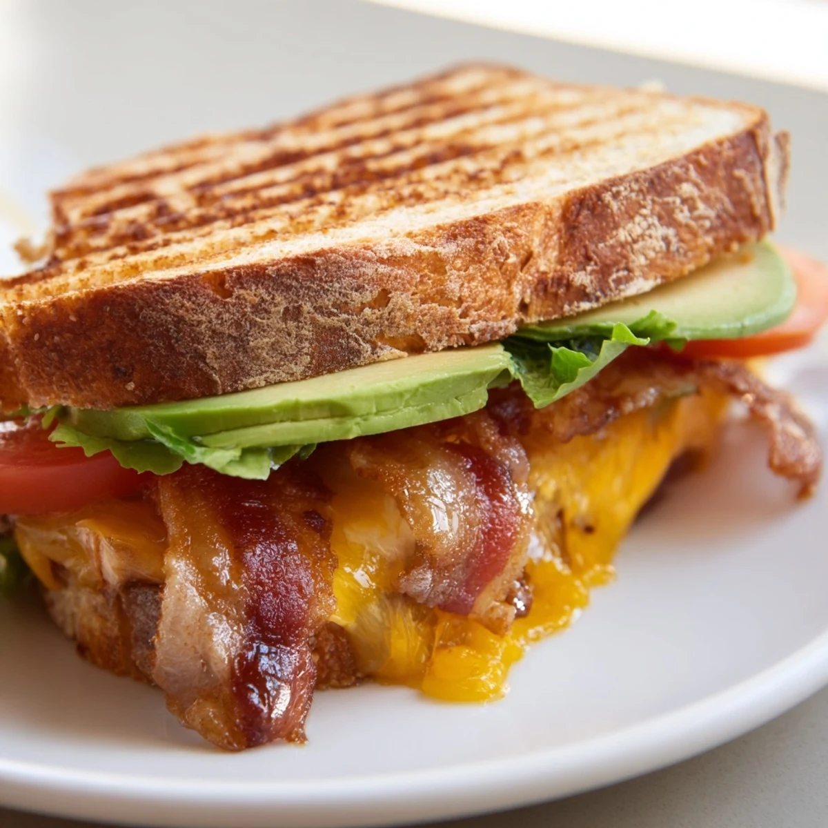 A close-up of a buttery, toasted Avocado BLT Grilled Cheese, highlighting the gooey cheddar and vibrant vegetables served on a rustic wooden board.