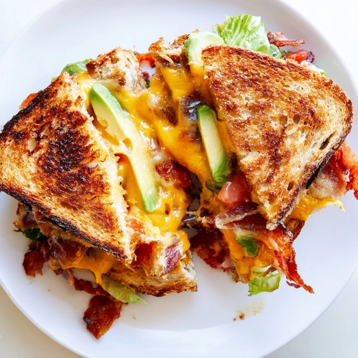 Close-up view of a warm Avocado BLT Grilled Cheese, with melted cheese oozing between sourdough layers, bacon, and fresh avocado slices.