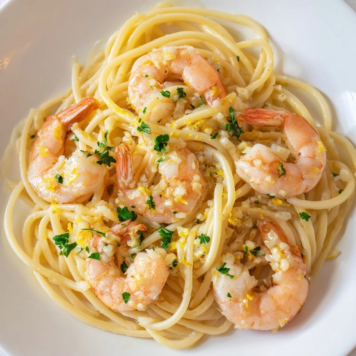 Garlic Butter Shrimp Linguine served in a white pasta bowl topped with grated Parmesan cheese and a lemon wedge, ready for a quick and easy Italian-American dinner.