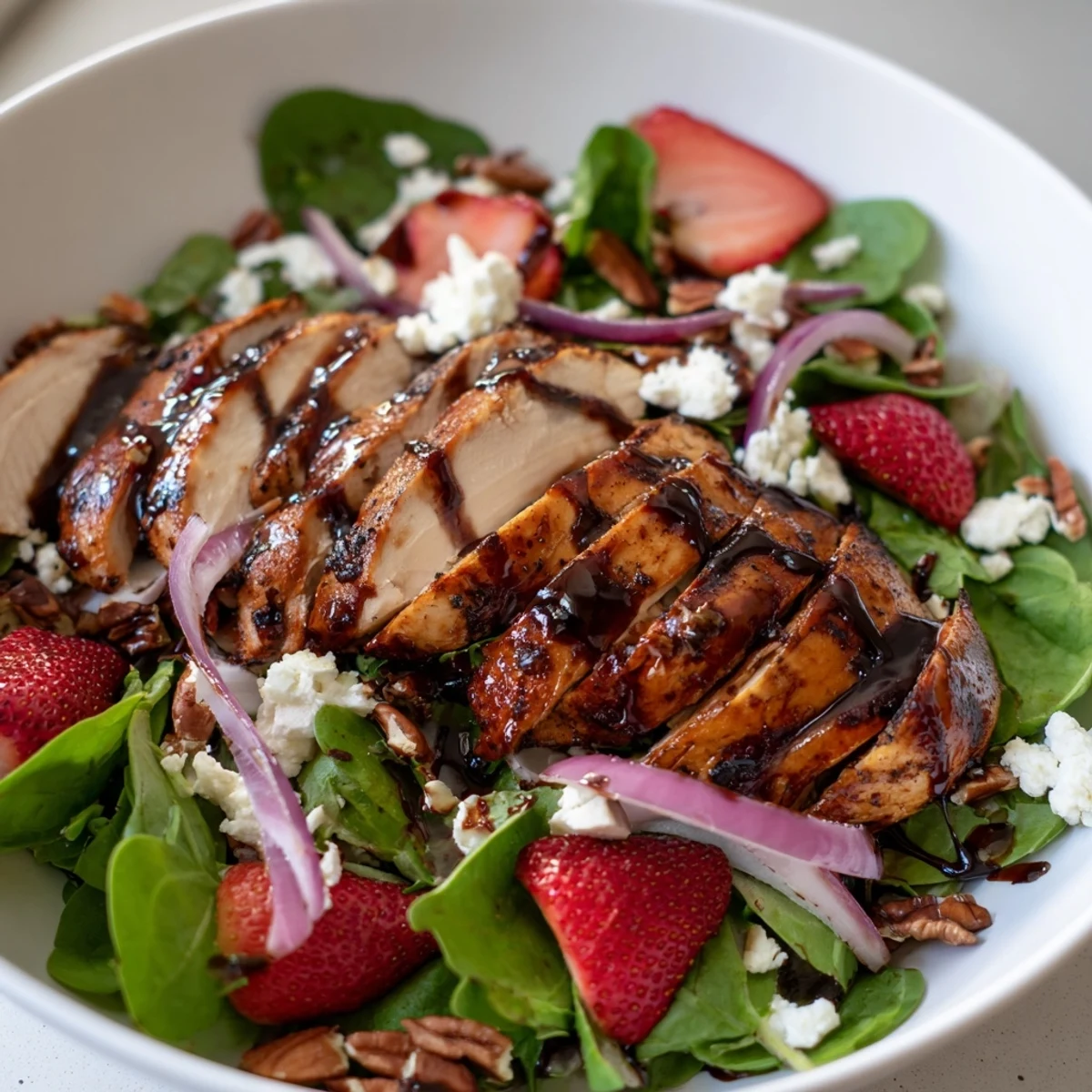 Grilled Honey Balsamic Chicken Salad with juicy sliced chicken, fresh strawberries, creamy goat cheese, and mixed greens.
