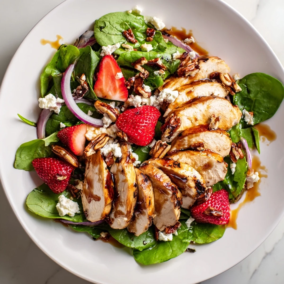 A vibrant platter of Honey Balsamic Chicken Salad topped with crumbled goat cheese, strawberries, and a glossy balsamic glaze.