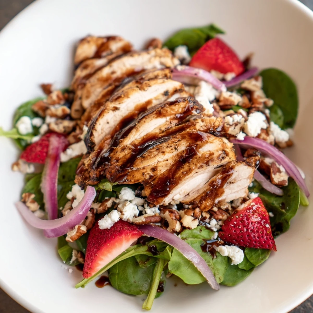 Healthy Honey Balsamic Chicken Salad served on a plate, featuring tender grilled chicken, sliced strawberries, and toasted pecans.
