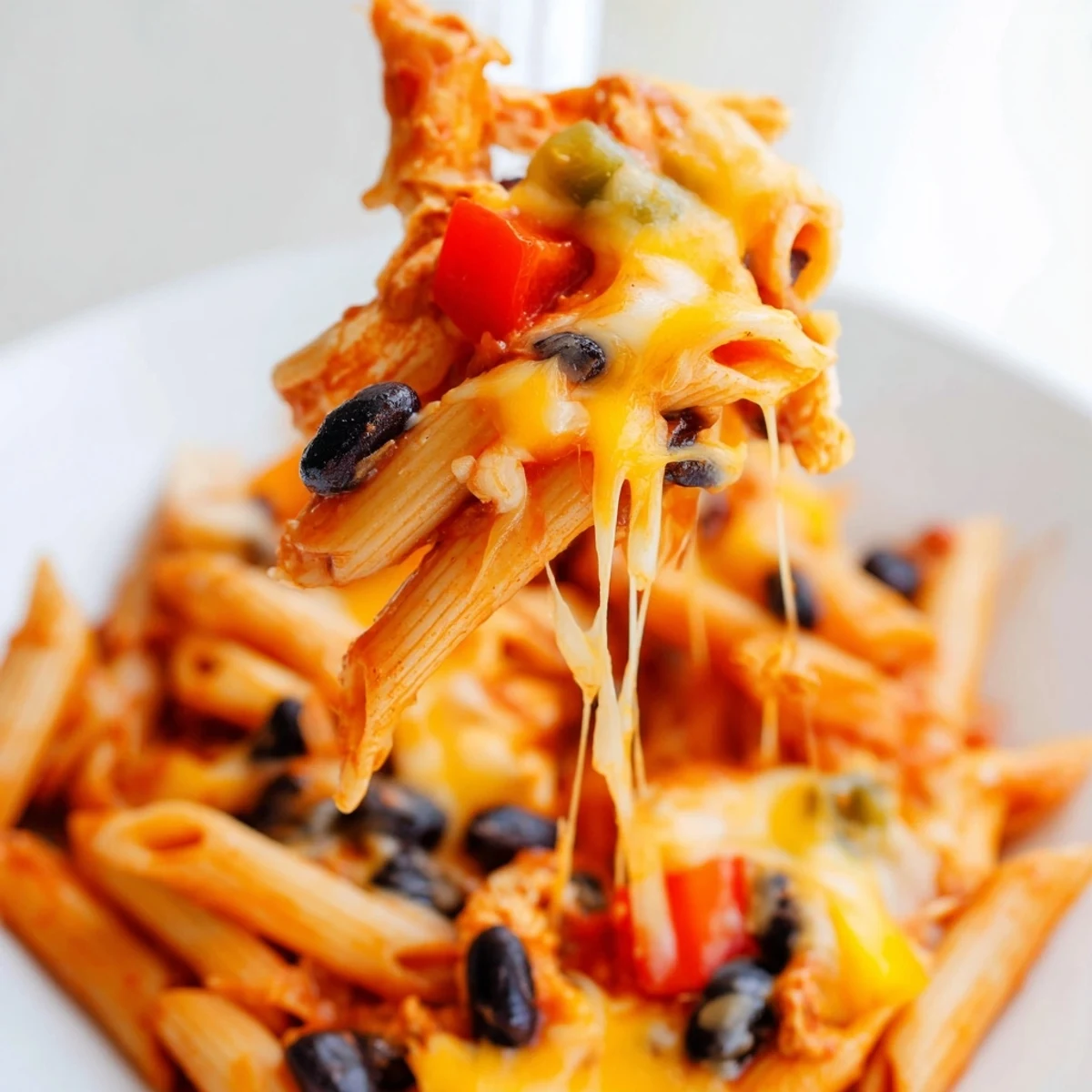 A steaming skillet of Chicken Enchilada Pasta with melted cheddar and Monterey Jack cheese, topped with fresh cilantro and green onions.