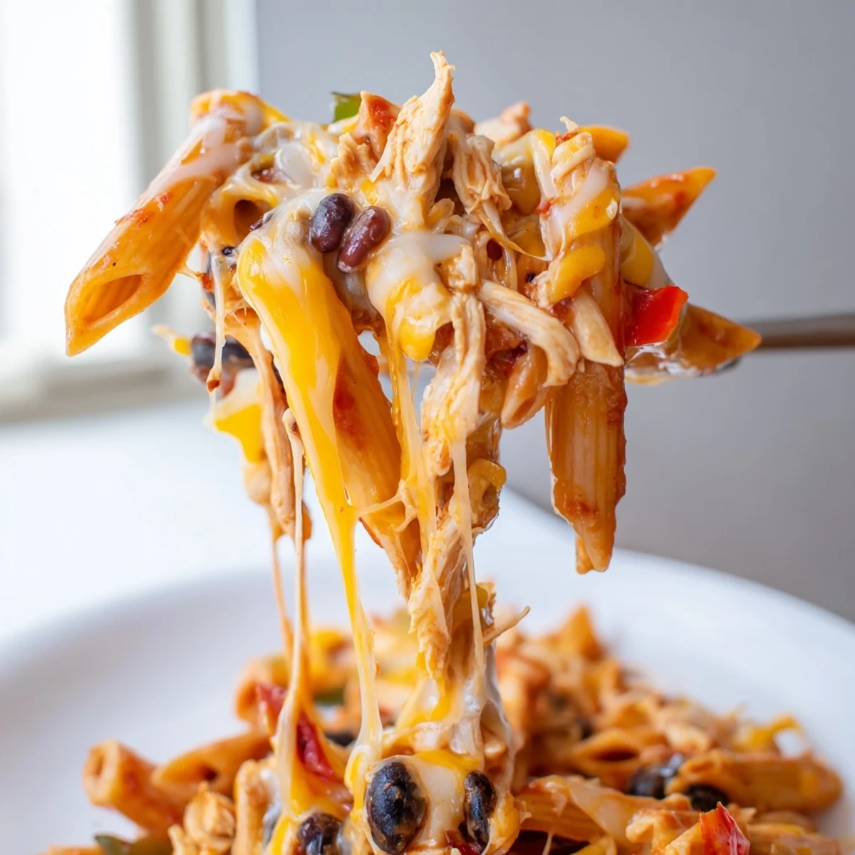 Fork-tender Chicken Enchilada Pasta served in a rustic bowl, garnished with creamy sour cream and diced avocado slices.