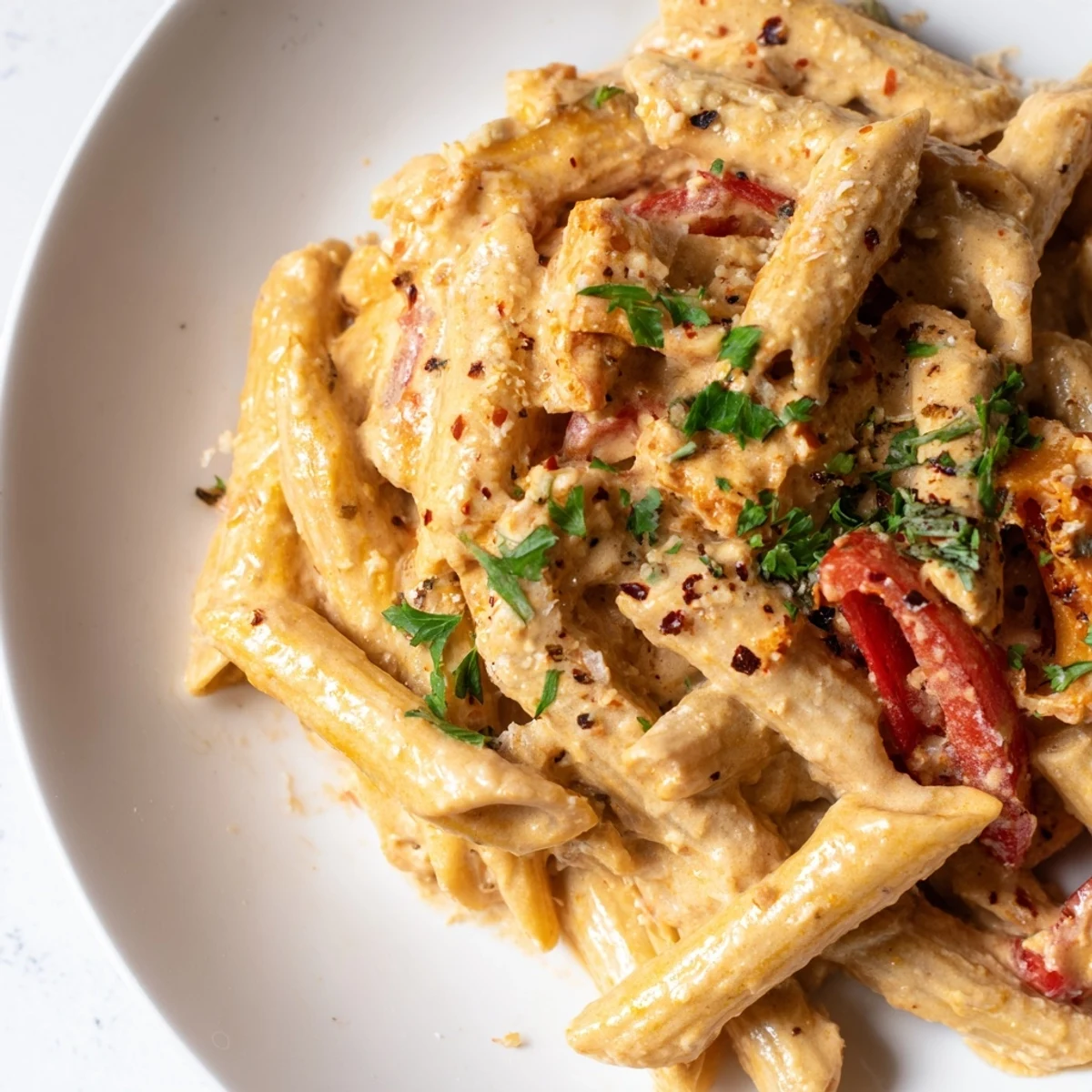 Creamy Cajun pasta in a white bowl with roasted red bell peppers, a fork ready to twirl the saucy penne.