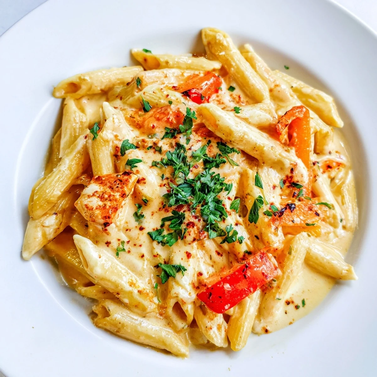 Savory Creamy Cajun pasta plated for four, with a crisp salad and chilled white wine on the side.