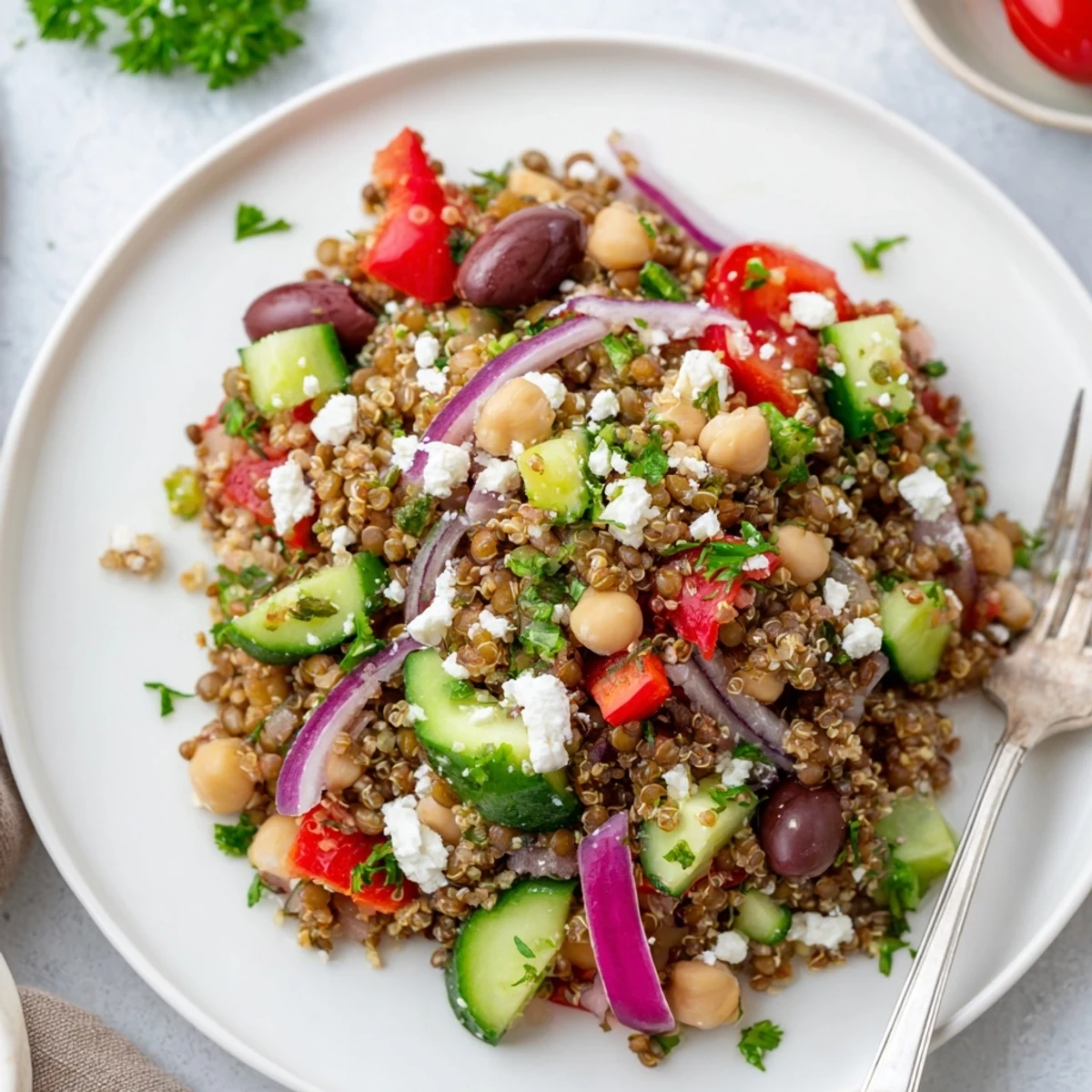 A close-up of the Greek Power Salad, with vibrant cherry tomatoes, diced cucumber, and crumbled feta over quinoa and lentils.  