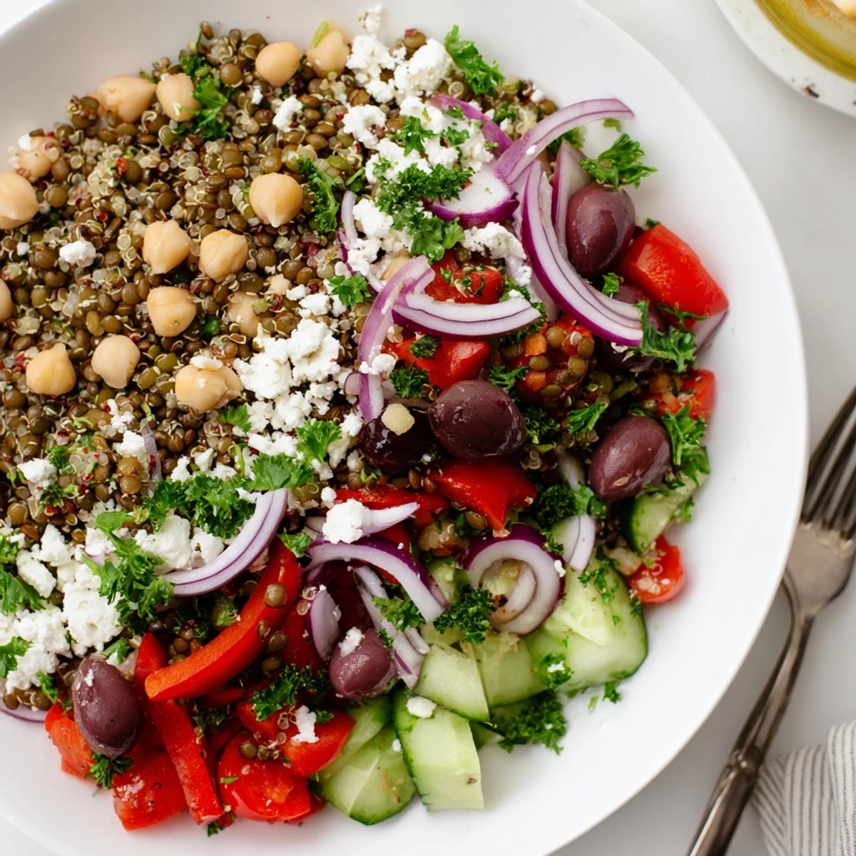 In a white bowl, the Greek Power Salad shows fresh parsley, chickpeas, and Kalamata olives tossed in a glossy red wine vinaigrette.  