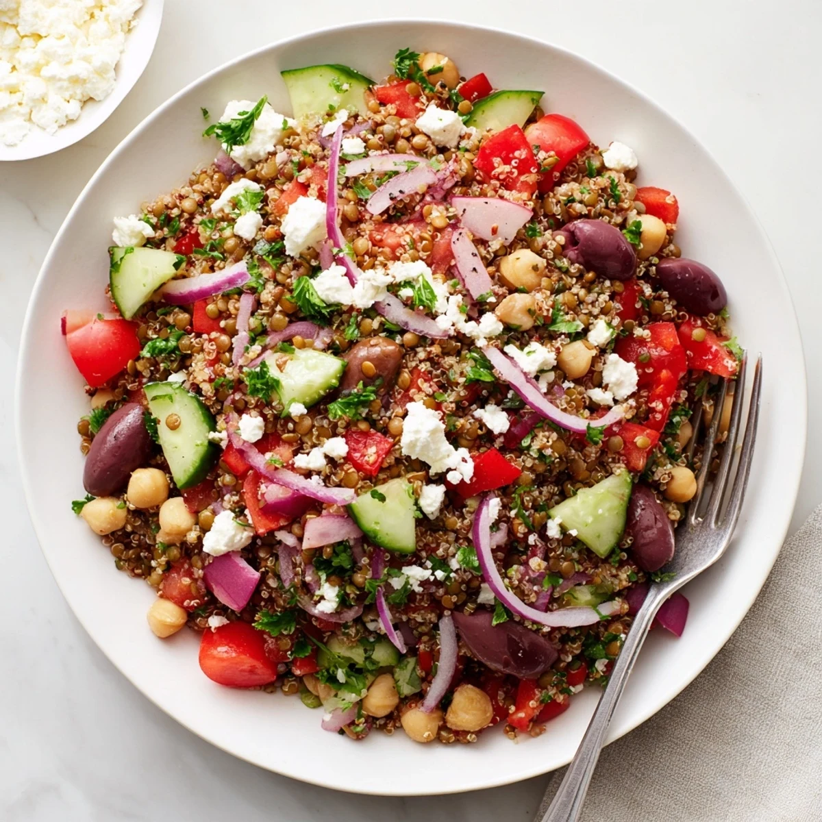 Colorful Greek Power Salad in a rustic bowl, featuring quinoa, lentils, chickpeas, and crisp vegetables, perfect for a healthy lunch.