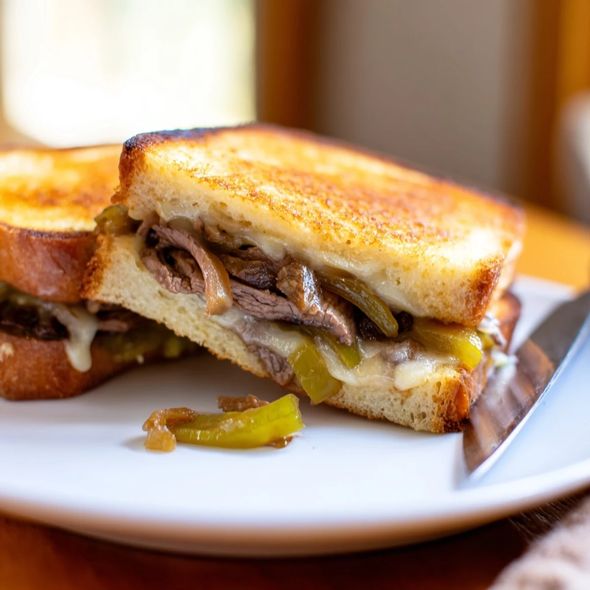 Gooey provolone melts over juicy ribeye steak strips, sautéed peppers, and onions inside a golden, buttery Philly Cheesesteak Grilled Cheese sandwich.