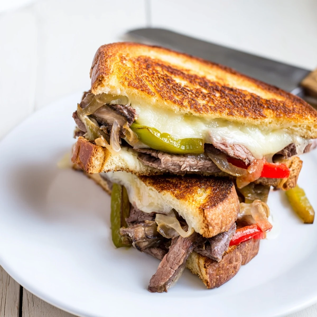 Buttery sourdough bread grills to a crisp crust, encasing the hearty Philly Cheesesteak Grilled Cheese filling for a satisfying lunch or dinner.
