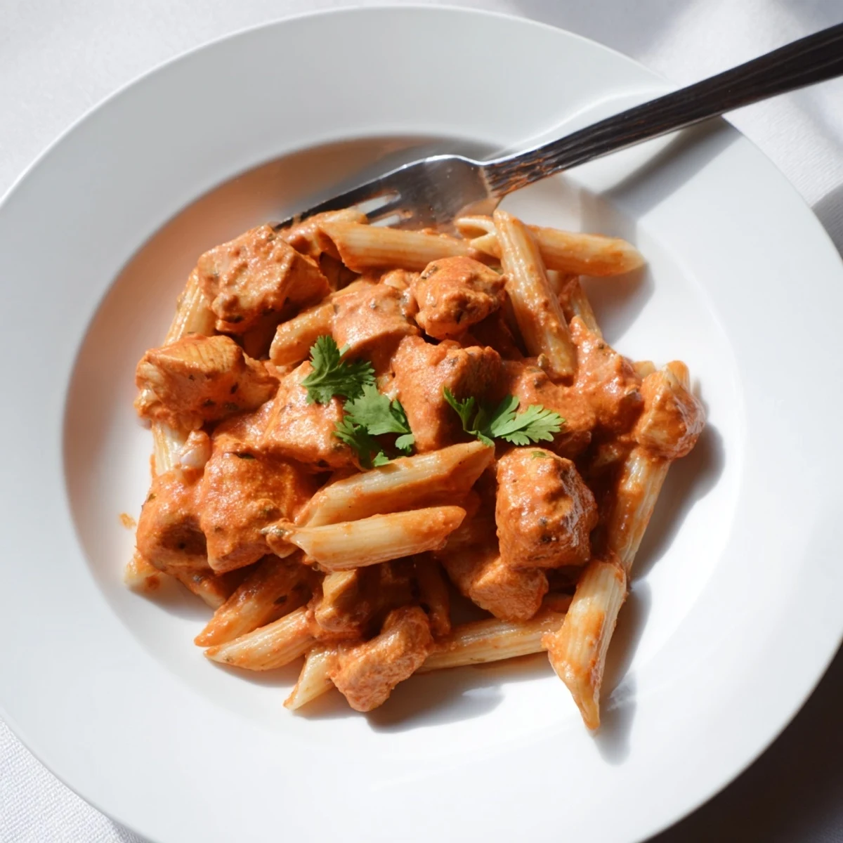Creamy Chicken Tikka Pasta with charred chicken tikka pieces tossed in a rich, spiced tomato-cream sauce and penne.