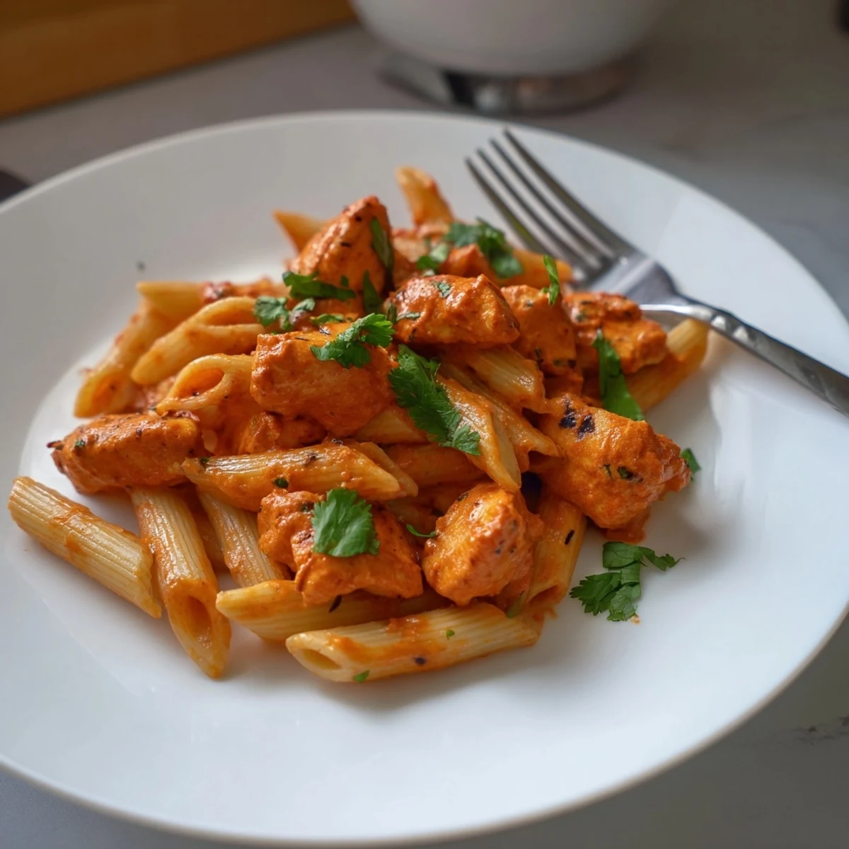 Vibrant bowl of Chicken Tikka Pasta featuring tender chicken tikka, al dente penne, and a creamy, aromatic tomato sauce.