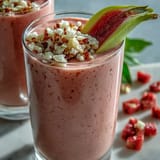 A glass of Guava Banana Smoothie beside sliced guava and banana, poured from a blender for an easy, healthy snack.