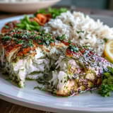 Herb-baked tilapia fillet over fluffy rice with steamed broccoli and carrots in a wholesome dinner bowl.