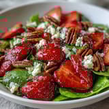 Vibrant Strawberry Arugula Salad with toasted pecans, red onion, and tangy balsamic drizzle—ideal for spring gatherings.  