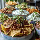 Interactive taco bar spread featuring a variety of proteins, toppings, and sides for building your perfect Cinco de Mayo tacos.  