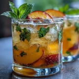Homemade Starbucks copycat peach green tea lemonade served over ice with vibrant fruit accents.  