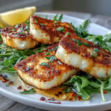 Crispy halloumi slices topped with chili-infused honey and served on a bed of peppery arugula greens.  