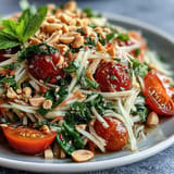 Crisp som tam salad, featuring shredded papaya, crunchy peanuts, and a zesty kick.