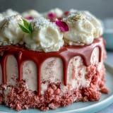 Beautiful blush Rosé Velvet Cake with decadent frosting, ready for celebration.
