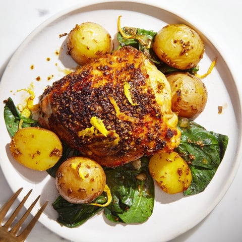 Golden Pan-Roasted Chicken with Zaatar, Potatoes, and Greens, ready for a flavorful dinner.