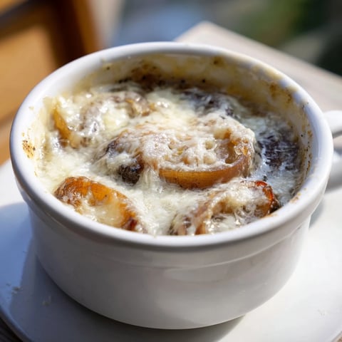 Golden-brown, caramelized onions swimming in broth, topped with bubbling Gruyère in French onion soup.