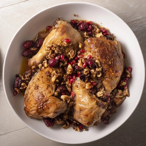 A hearty Fesenjan stew: tender chicken swims in a rich, dark walnut and pomegranate sauce.
