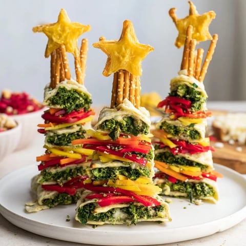 Crispy Air Fryer Christmas Tree Veggie Tortilla Wraps, a colorful appetizer with fresh veggies and pretzel "trunks."