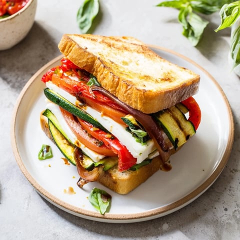 Sheet-Pan Roasted Veggie Caprese Grilled Cheese with melted mozzarella and golden, crispy sourdough.