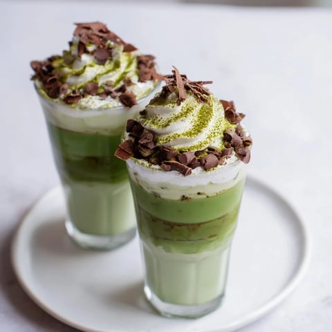 Creamy sugar-free white chocolate candy cane iced matcha, layered in a glass with crushed candy canes.