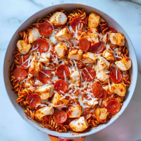 One-Pan Pizza Pasta bubbling with melted mozzarella and pepperoni, a family-friendly weeknight meal.
