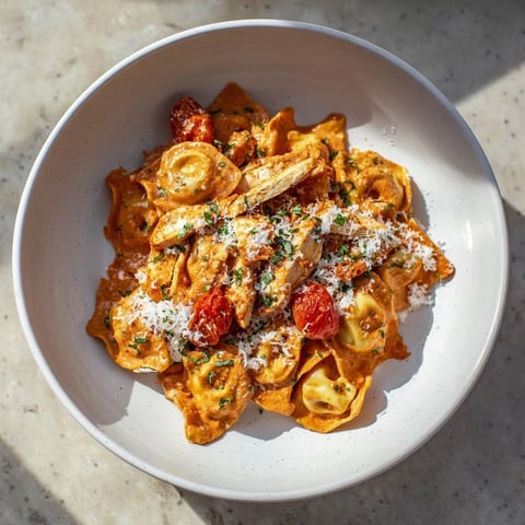 Sliced chicken in rich sauce with Marry Me Chicken Tortellini, garnished with fresh basil.