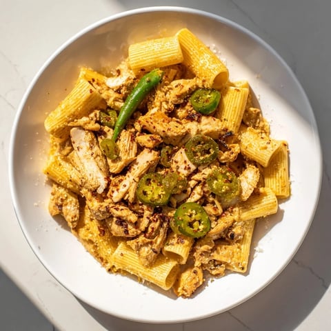 Golden, crispy Pasta Chip Nachos piled high with melted cheese, chicken, and jalapeños, ready to enjoy.