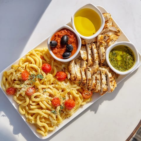 Girl Dinner Pasta Board, a colorful shareable platter with grilled chicken and diverse pastas.