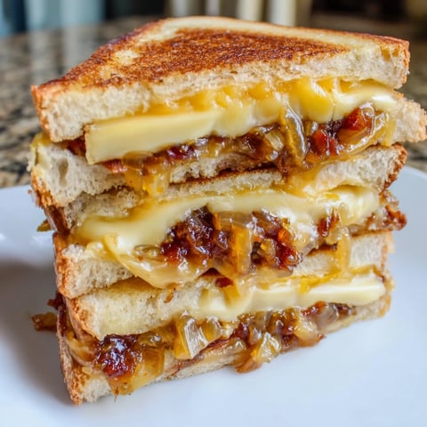 Melted cheddar and Gruyère overflowing a toasted Bacon Jam Grilled Cheese sandwich.