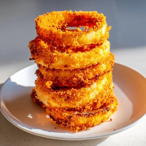 Golden, crispy onion ring tower stacked high, a delicious vegetarian appetizer ready to enjoy.