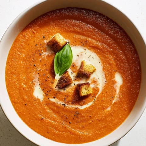 Creamy roasted garlic tomato soup, a rich, velvety soup garnished with fresh basil leaves.