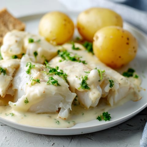 Flaky Norwegian Lutefisk, baked to perfection with a creamy mustard sauce, ready to eat.
